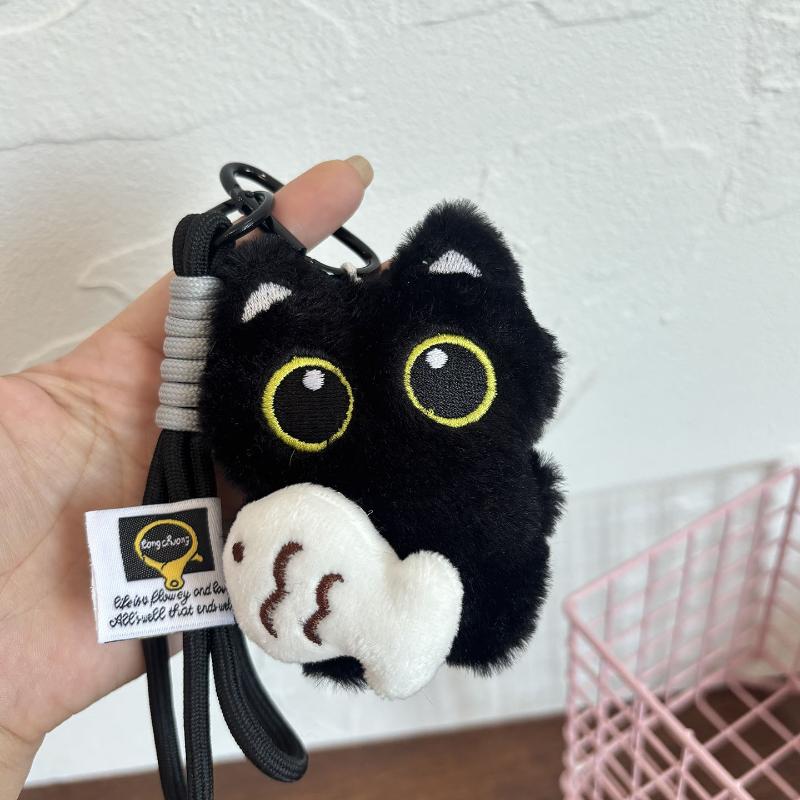Cute Plush Big-eyed Black Cat Pendant With A Small Fish,Creative Couple's Bag Accessory,Little Black Cat Keychain