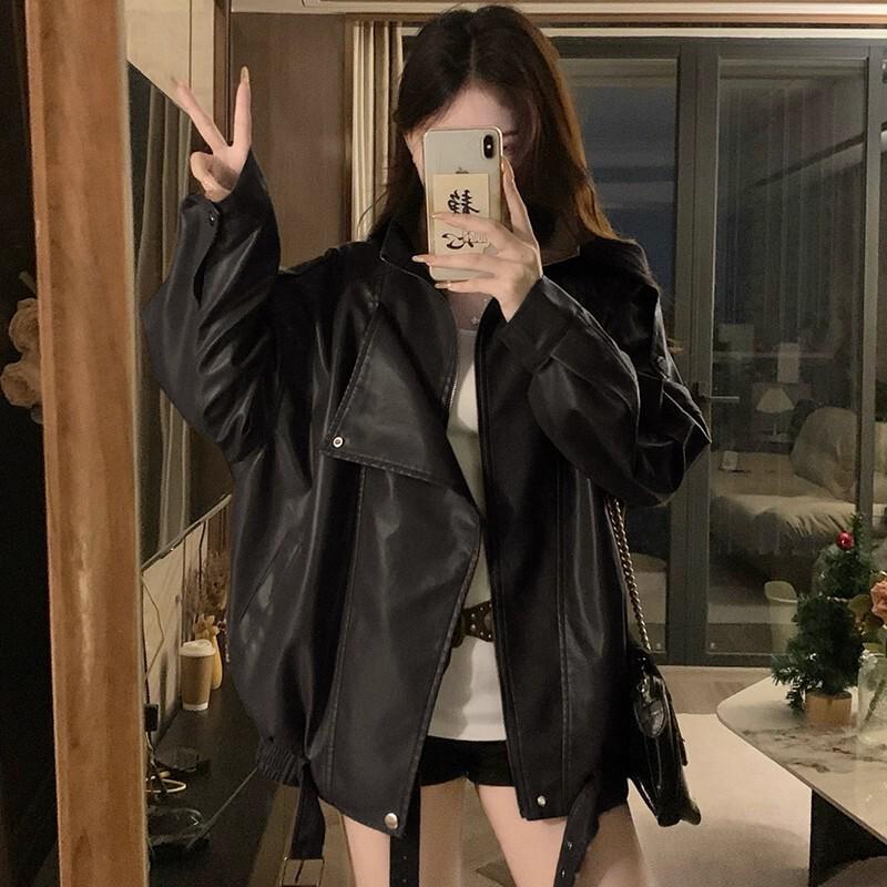 Melanoid Coffee PU Leather Long Sleeve Women's Jacket - 2025 Winter Collection, Versatile, Trendy, Loose Fit, Slimming Design