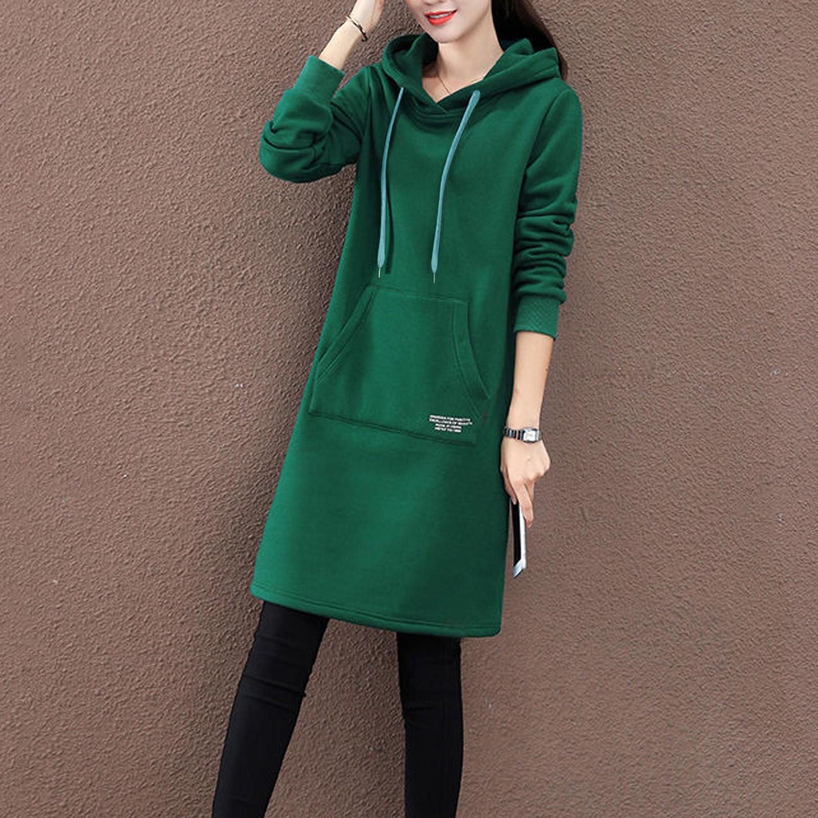 

Winter Women Casual Fashion Lettering Lady Sleeve Knee Length Hoodie Dress M зелёный