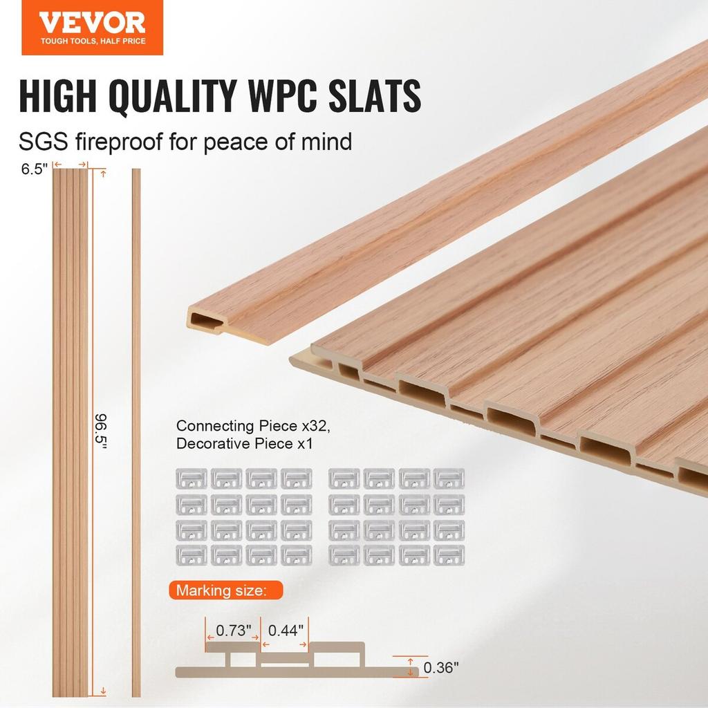 Wood Slat Acoustic Panels 8 PCS 96 X 6 Inch WPC for Modern Wall Ash Wood