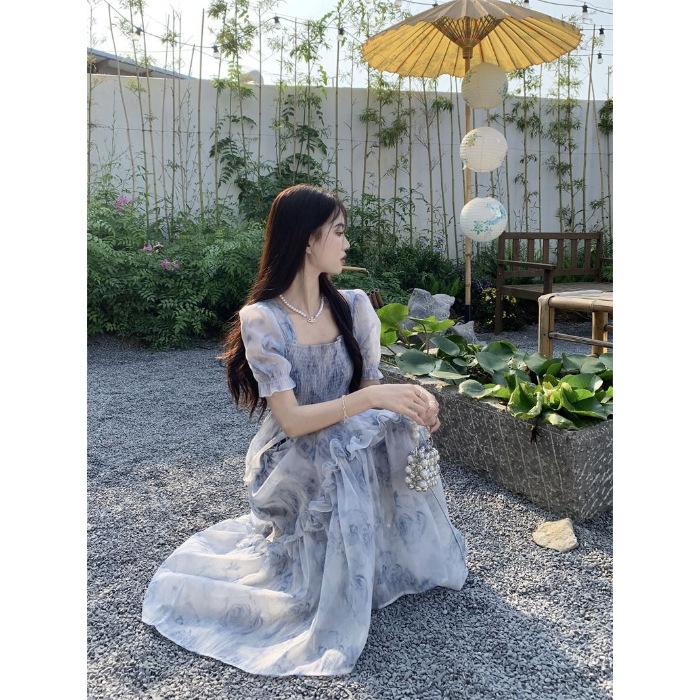 

Retro square collar floral dress women s summer new super fairy Mori waist thin fungus edge long skirt XL