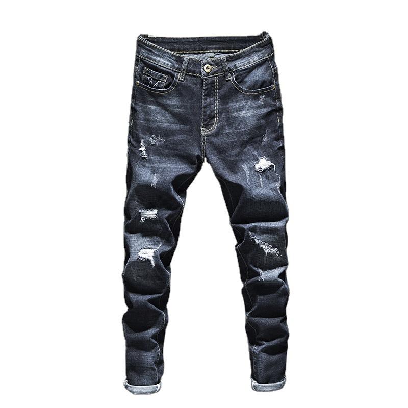 Four Season Wearable Men'S Embroidered Jeans With Slim Fit And Stretchy Trend, Small Leg Pants With Ripped Patches, Personalized Long Pants