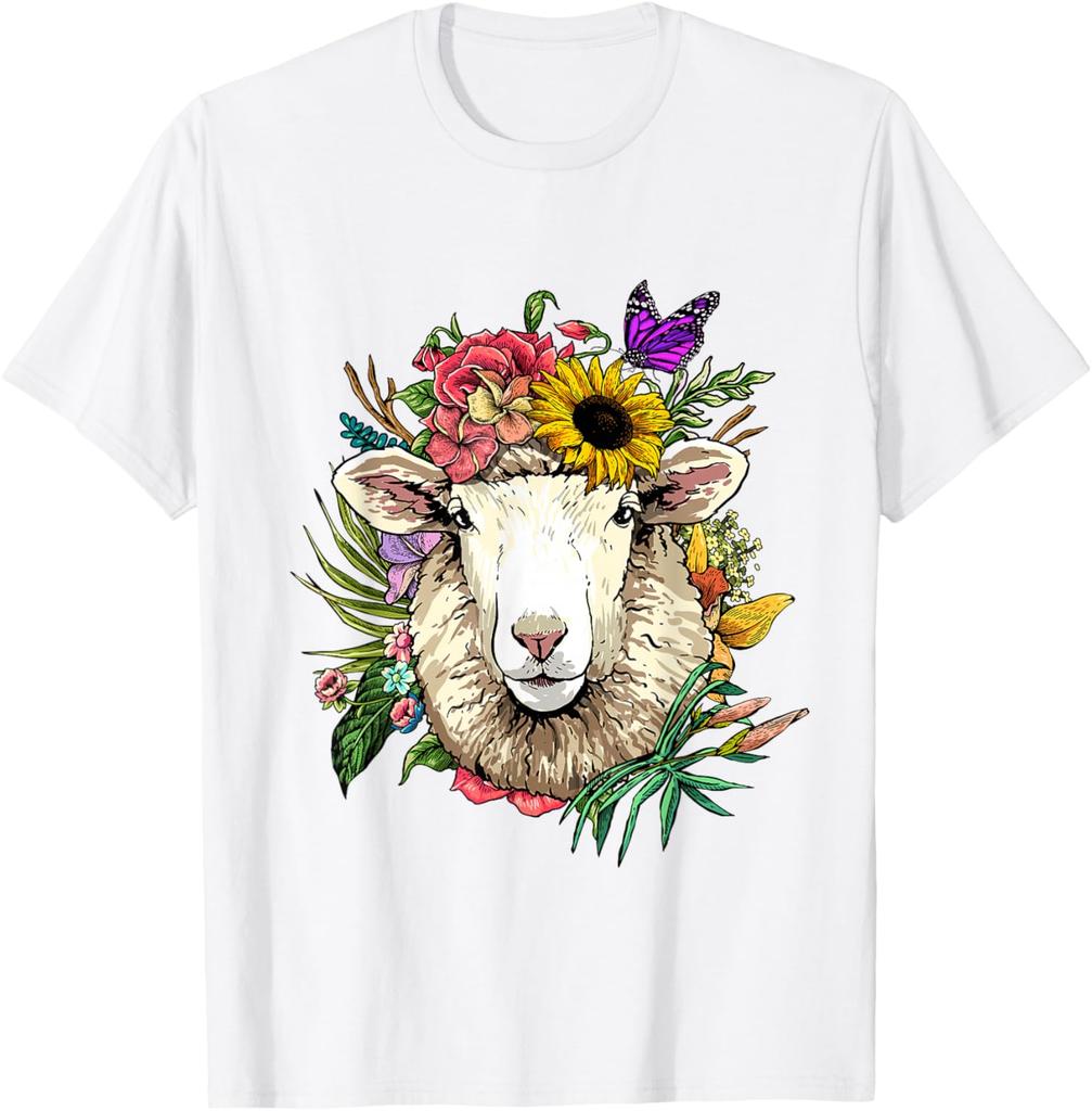 Blumen Schafskopf Kranz T-Shirt Tierliebhaber Bauernhof Grafik T-Shirt Frühling Sommer Freizeit