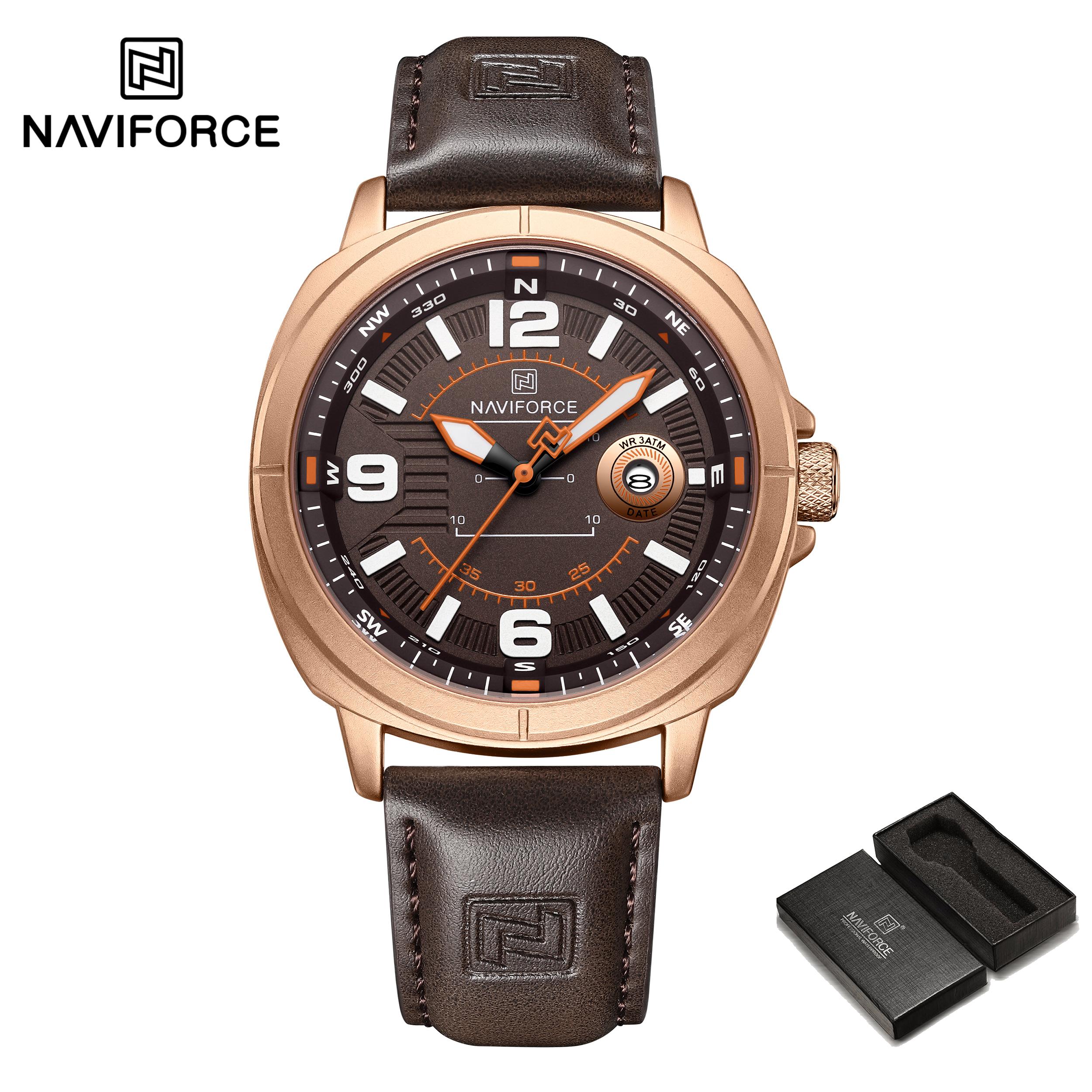 

Мужские кожаные часы NAVIFORCE, календарь, кварцевый механизм, водонепроницаемость 30 м, люминесцентные стрелки, повседневные модные мужские часы NF8078 розового золота