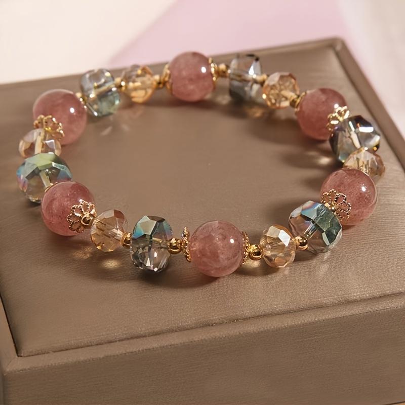 Bohemian Style Lucky Bracelet with Pinkish-Purple Glass Beads & Multicolor Artificial Crystal Accents - Unisex Fashion Jewelry for Daily Wear