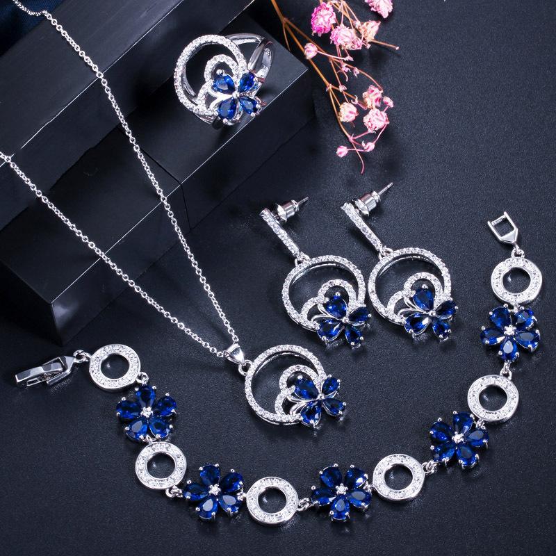 Prosty Zestaw Kwiatowy Cyrkonowy Kolczyki Wisiorek Pierścionek Bransoletka Zestaw Czteroczęściowy