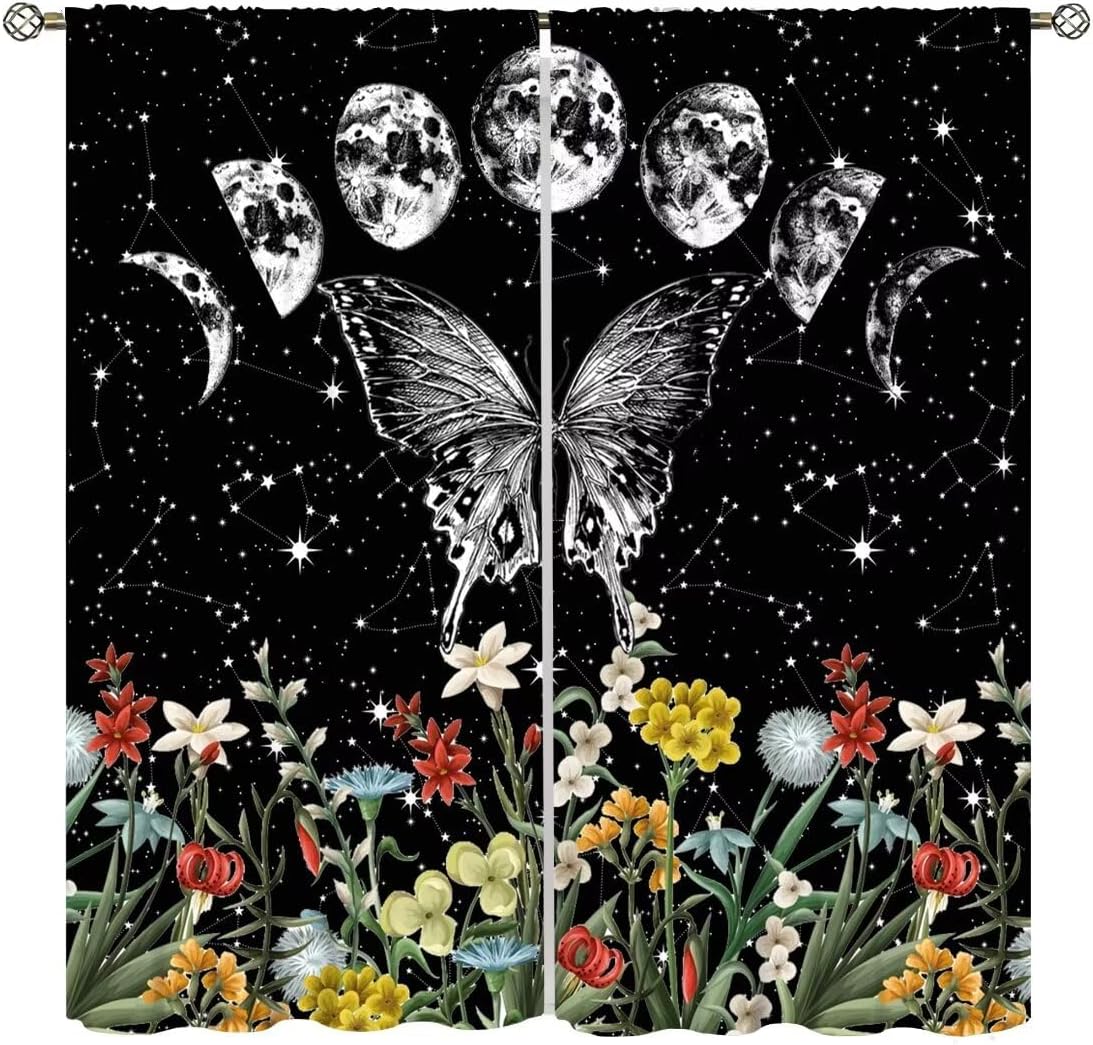 

Moon Phase Moth Curtains Butterfly Wildflower Moonlit Starry Sky Window Treatments Bedroom Living Room Mushroom Gothic Boho Polyester Area Treatment W100*H130(CM)-Rod Pocket&2PCS