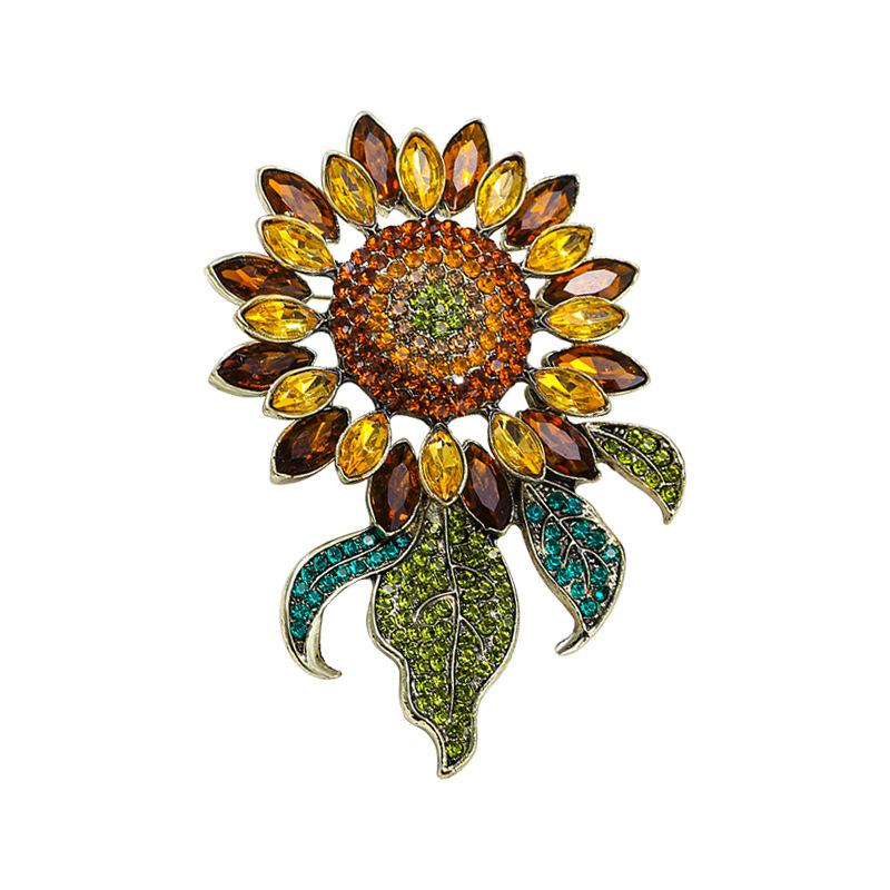 Luxury Vintage Rhinestone Sunflower Exaggerated Brooches Badges For Women Men Retro Classic Design Crystal Accessories Pins