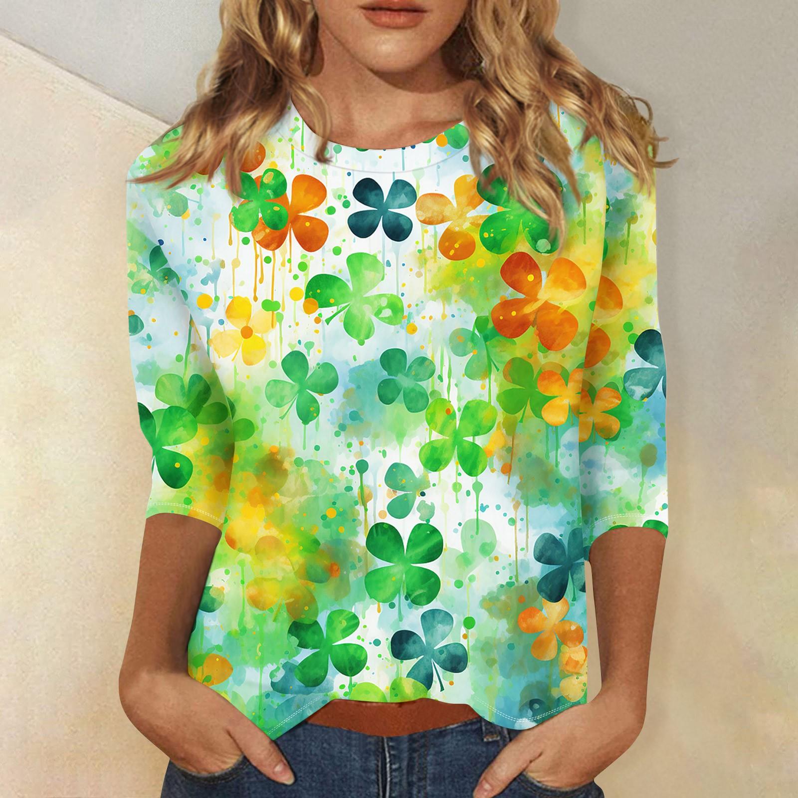 

Женский круглый вырез, рукав 3/4. Топ с принтом ко Дню Святого Патрика L армия зеленый