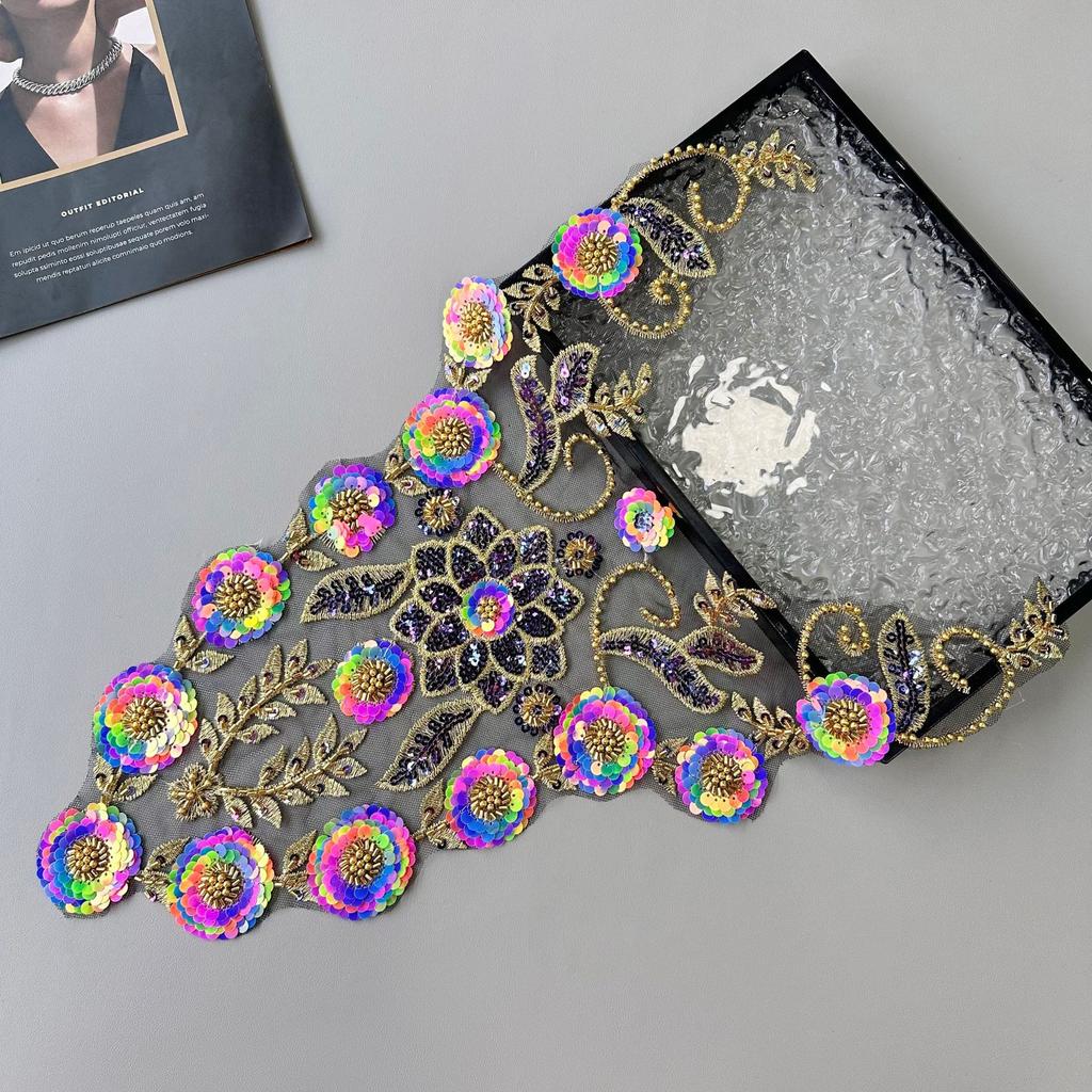 Heavy Industry Handmade Beaded Sequins Colorful Applique Clothing Evening Dress Performance Clothing Decorative Accessories Front Collar Cloth Sticker