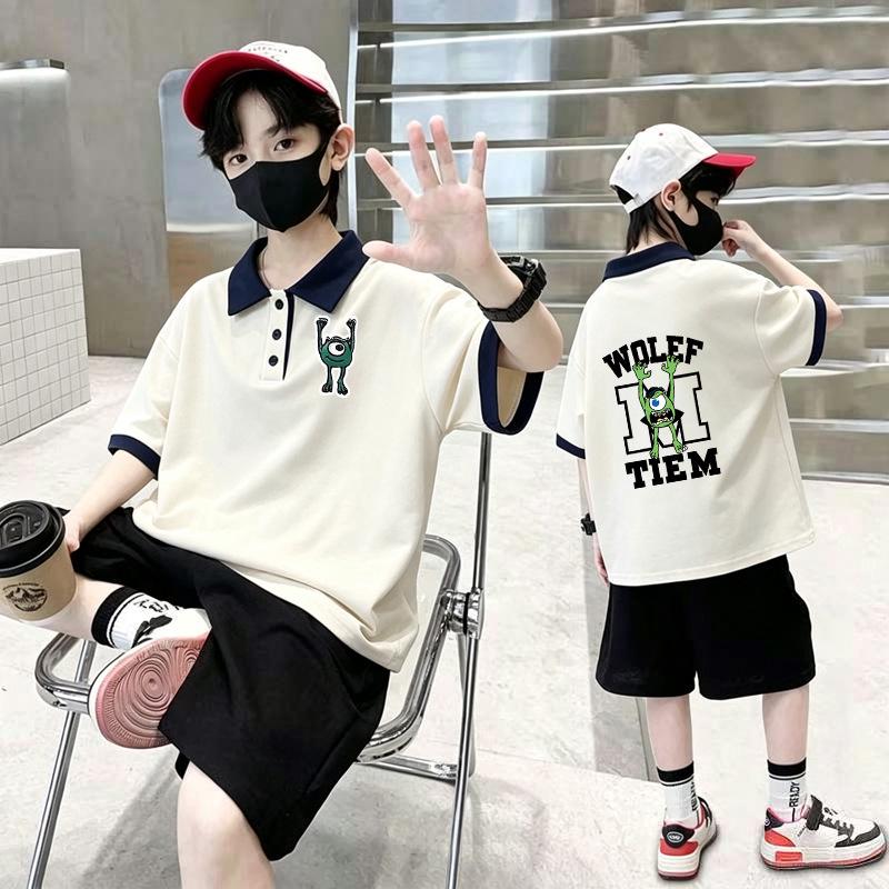 New Boys' Korean Style Color Block Cotton Polo T-shirt Set - Trendy Short Sleeve Summer Arrivals for Medium and Large Kids