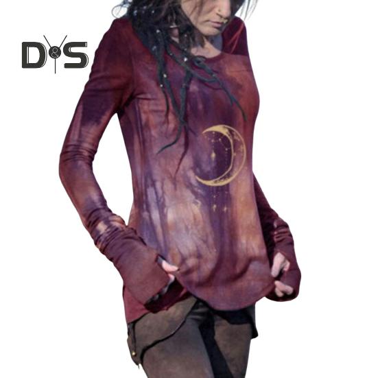 Damer Topper Rund Hals Langermet Månetrykt Skjorte Slim Fit Middels Lengde Elastisk T-skjorte Hverdagsklær