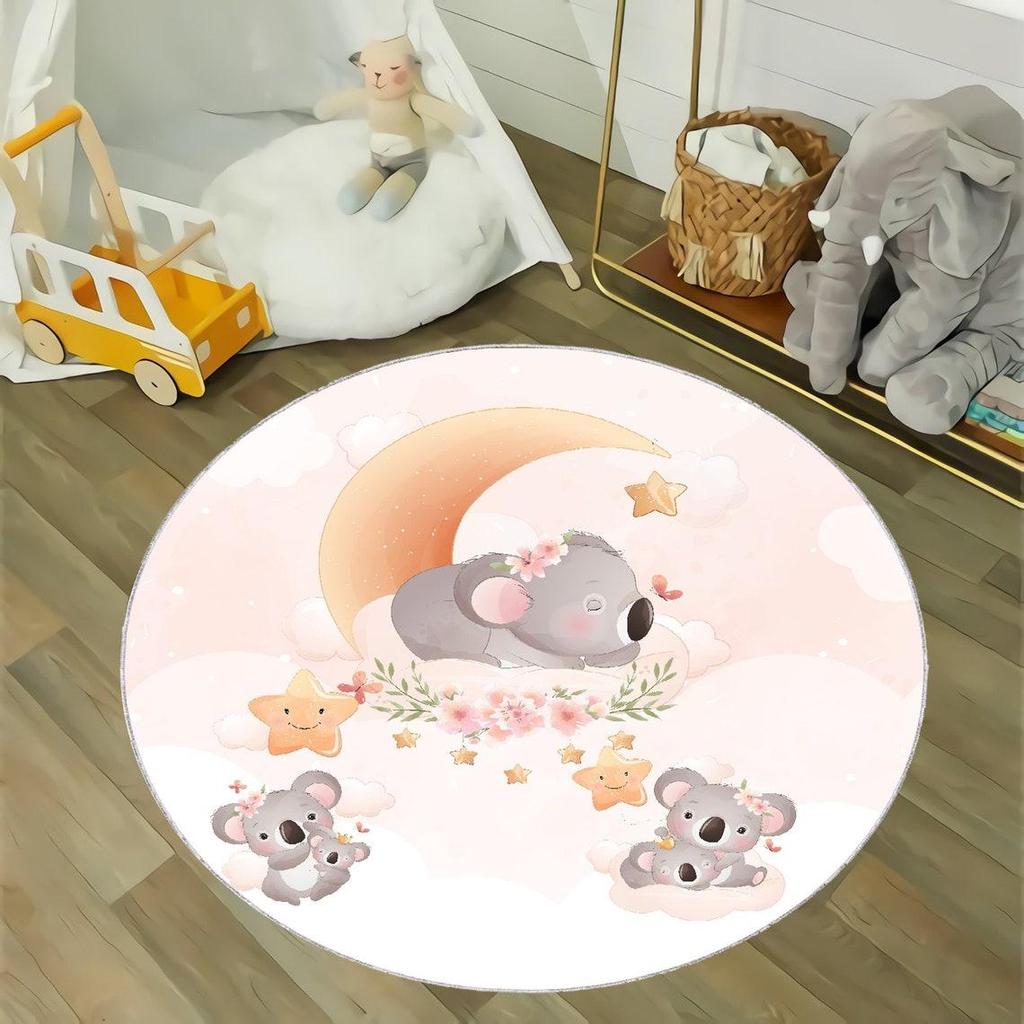Cartoon Fox Playmat Animal Round Rug Cute Little Koala Round Rug for Kids Room Rug, Nursery Rug, Star Elephant Non Slip Circle Rugs