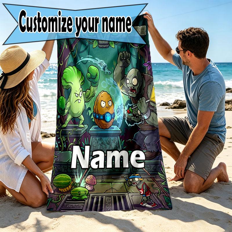 Custom Name Personalized Plants VS Zombies Print Beach Towel, for Trip Camping Beach Party Home Decor, Birthday Gift for Family & Friends