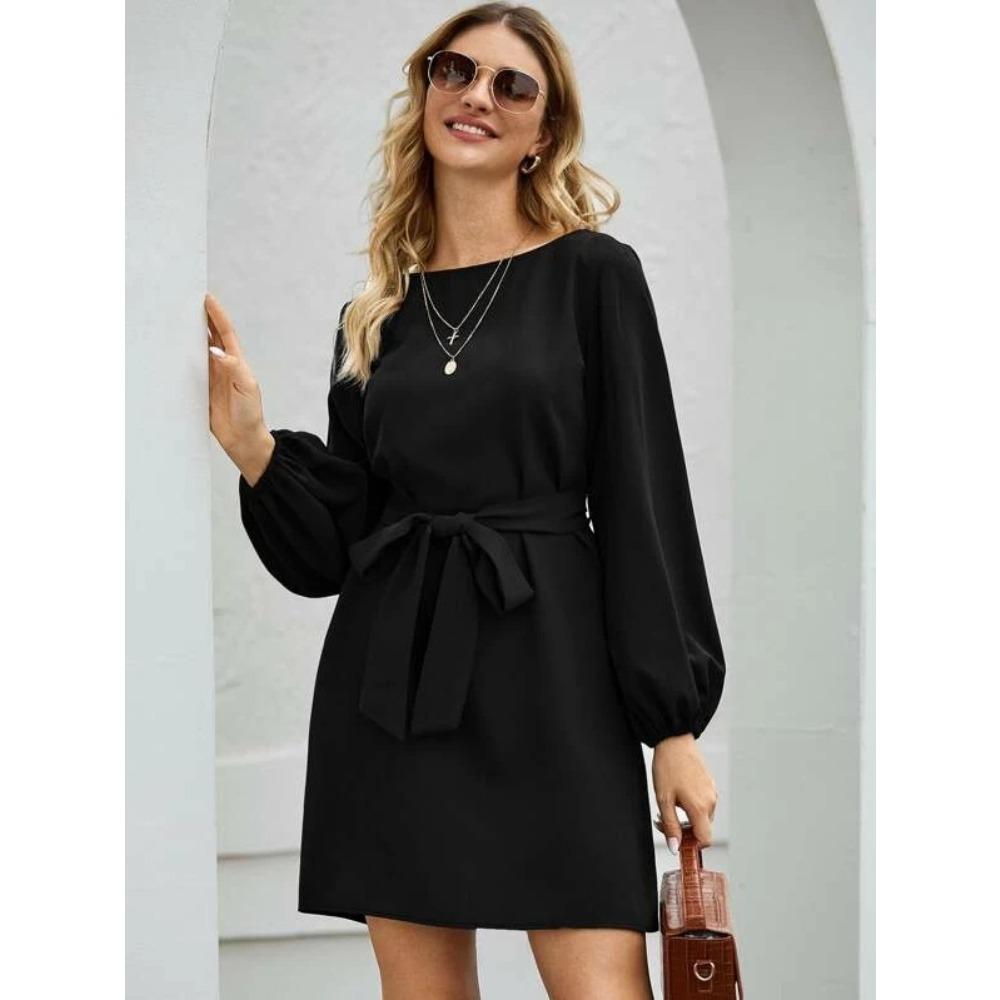 Women s Round Neck Long Sleeve Mini Dress Slim Fit Mid Waist Elegant Belted A-Line Dress XS чёрный