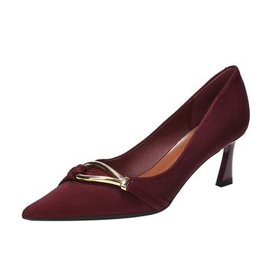 Burgundy Temperament Trip Buckle High Heels Women's Pointed Toe Thin Heel Suede Single Shoes Wedding Shoes Bridesmaid Shoes