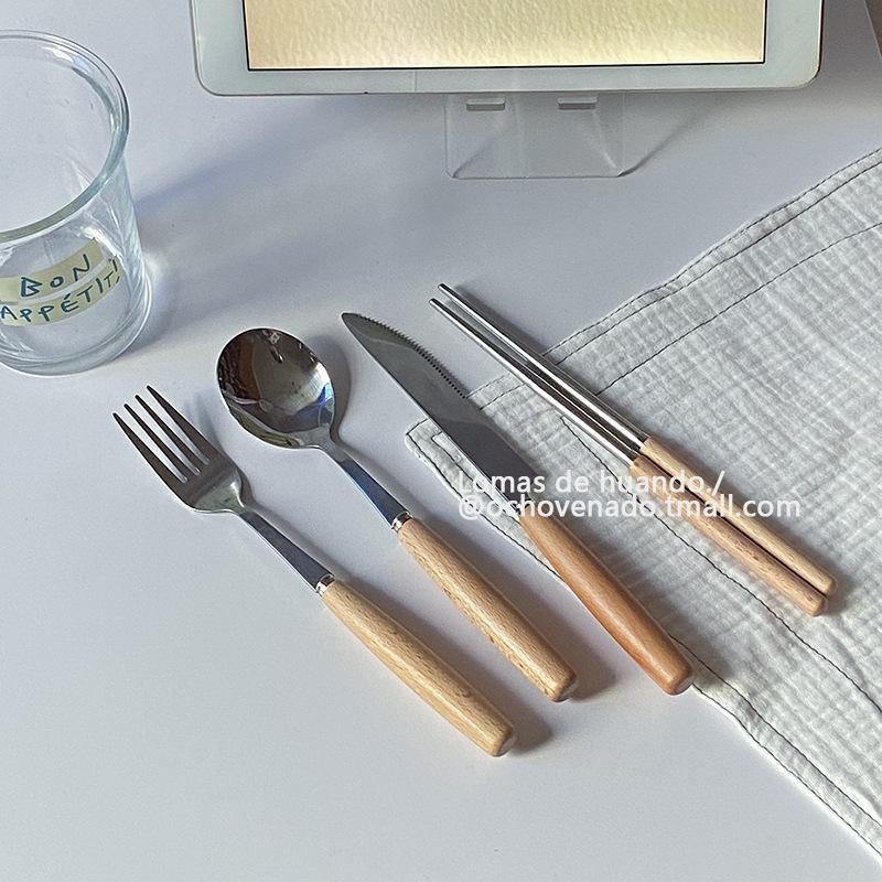 Simple INS wooden handle chopsticks knife fork spoon tableware set stainless steel Japanese style student portable love