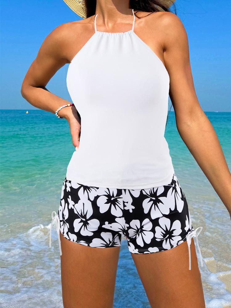 

Пляжная одежда Танкини Купальник Женский 2025 Комплект бикини Женский Купальник Раздельный Без рукавов С открытой спиной Купальный костюм Монокини Пляжные шорты XL белый