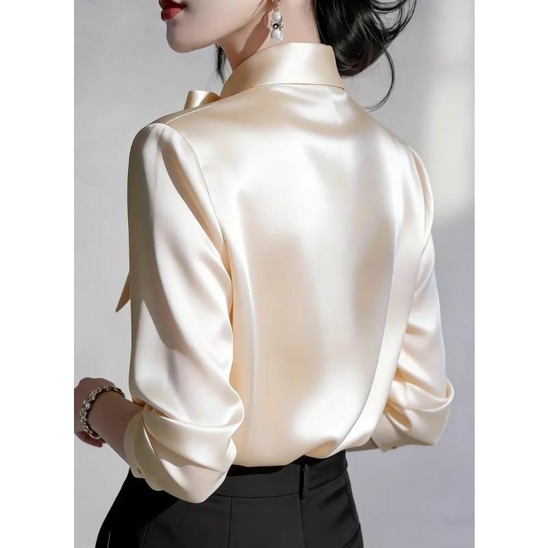 Elegant Satin Bow Tie Blouse for Women Long Sleeve Formal Office Shirt