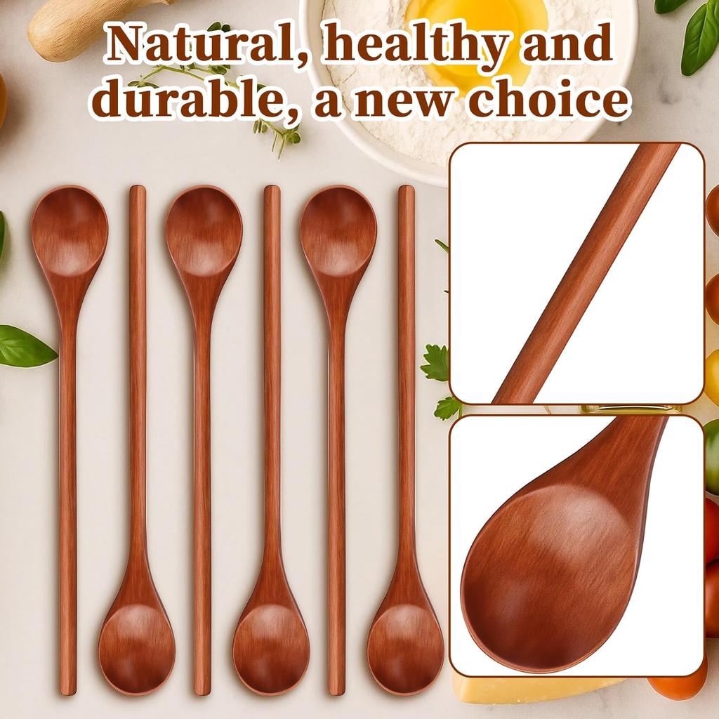 6 Pcs Small Wooden Spoons - Long Handle Mini Wooden Mixing Spoons, Handmade Wood Coffee Stirring Honey Spoon, Wood Iced Tea Spoon Non-Stick Kitchen