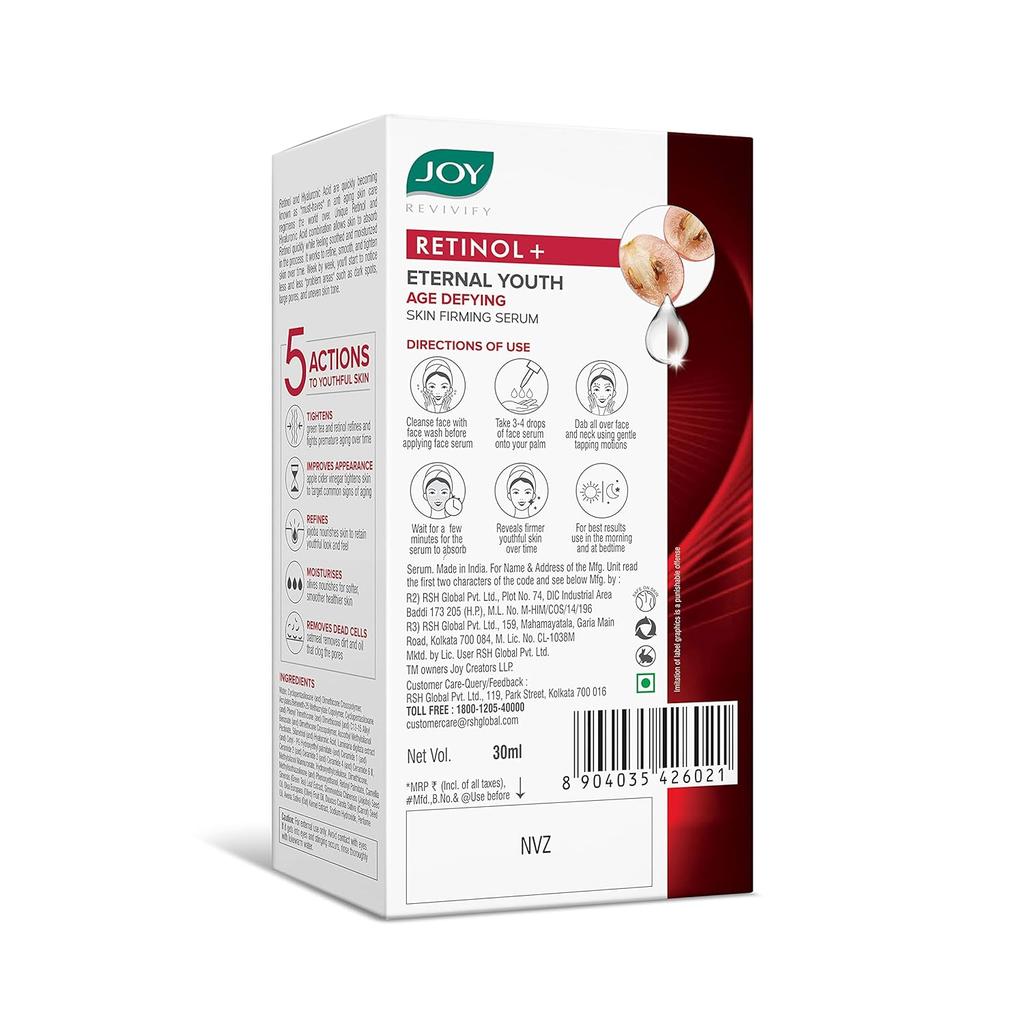 JOY Eternal Youth Retinol Face Serum 30ml Pack of 1 for Anti Ageing, Skin Firming, Hydration, and Daily Glow