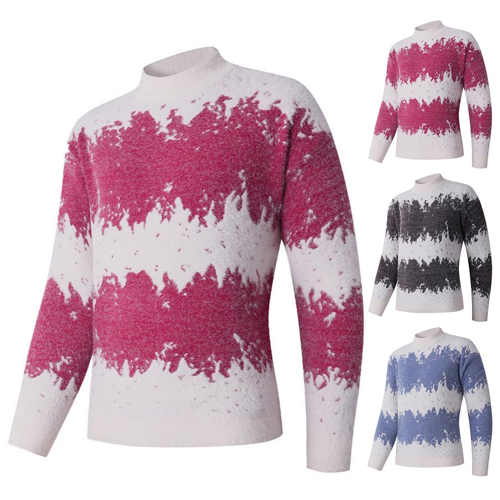 Men's And Women's Casual And Trendy Printed Color-blocked Thickened Semi-high Neck Sweaters, Men's Knitted Base Layer Sweaters, Round Neck Sweaters