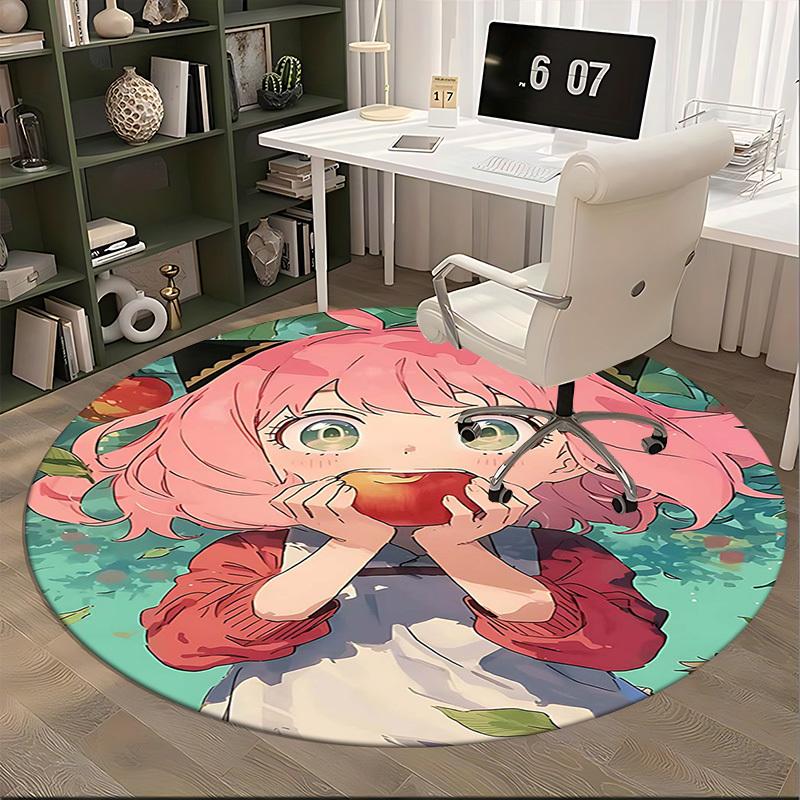 1pc Anime Design Round Carpet Cute Girl Eating Apple with Green Leaves Background, Office Chair Mat, Non Slip Rug, Living Room, Bedroom, Game Room