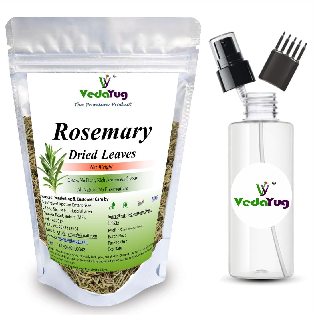 VY VedaYug Rosemary Leaves for Hair Growth, 100g | Food Grade Rosemary Leaves for Seasoning + 1 Mist Spray Bottle for Rosemary Water