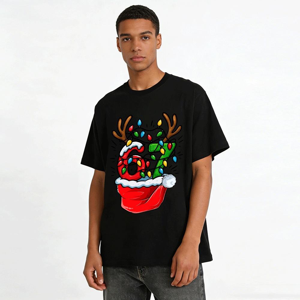 Christmas Themed Number 67 Reindeer Lights Print Casual Top Pure cotton T-shirt