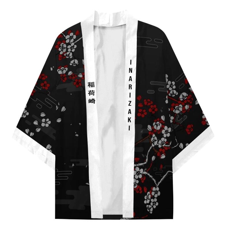 Women Inari Fox Printed Kimono Men Lightweight Japanese Kimono Streetwear 3/4 Sleeve Open Front Cloak Anime Cosplay Costume