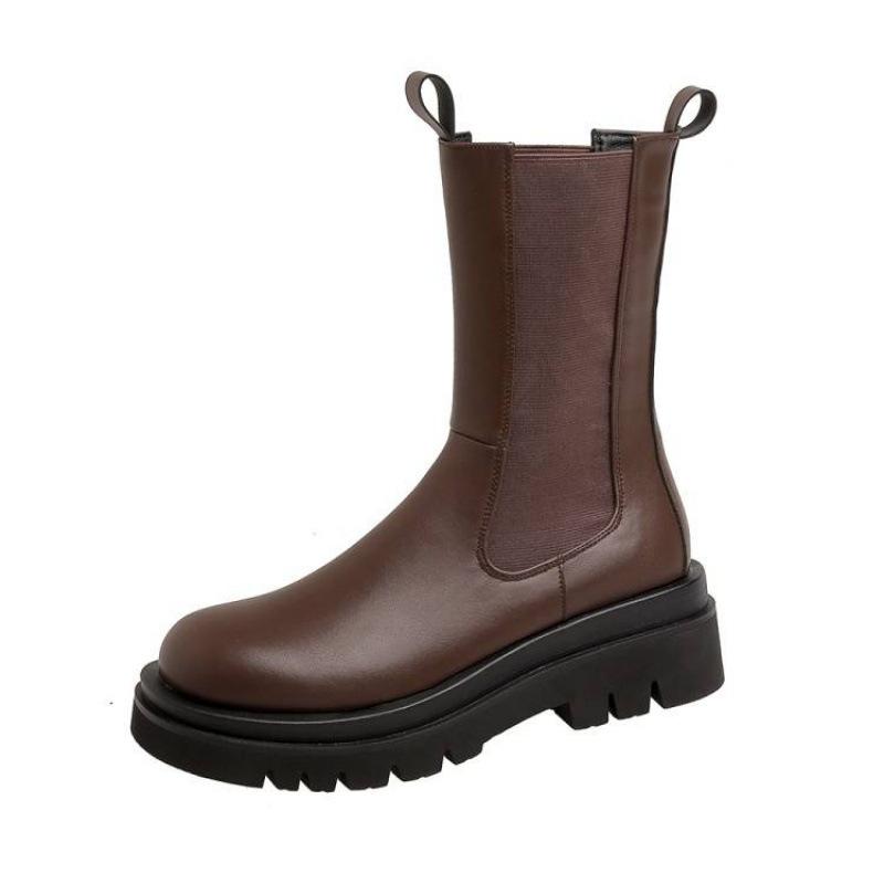 Autumn and winter round head thick sole large size women's boots sleeve solid color medium heel non-slip Martin boots new square heel medium boots