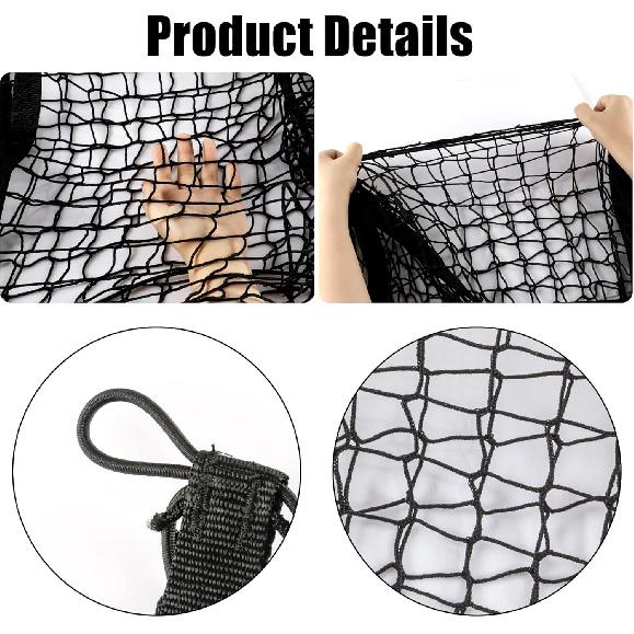 Amiss Heavy Duty Mesh Cargo Net, 3 Pocket Trunk Bed Storage Organizer Compatible For SUV, Car, Pickup Truck Bed, Etc.With 4 Metal Hooks