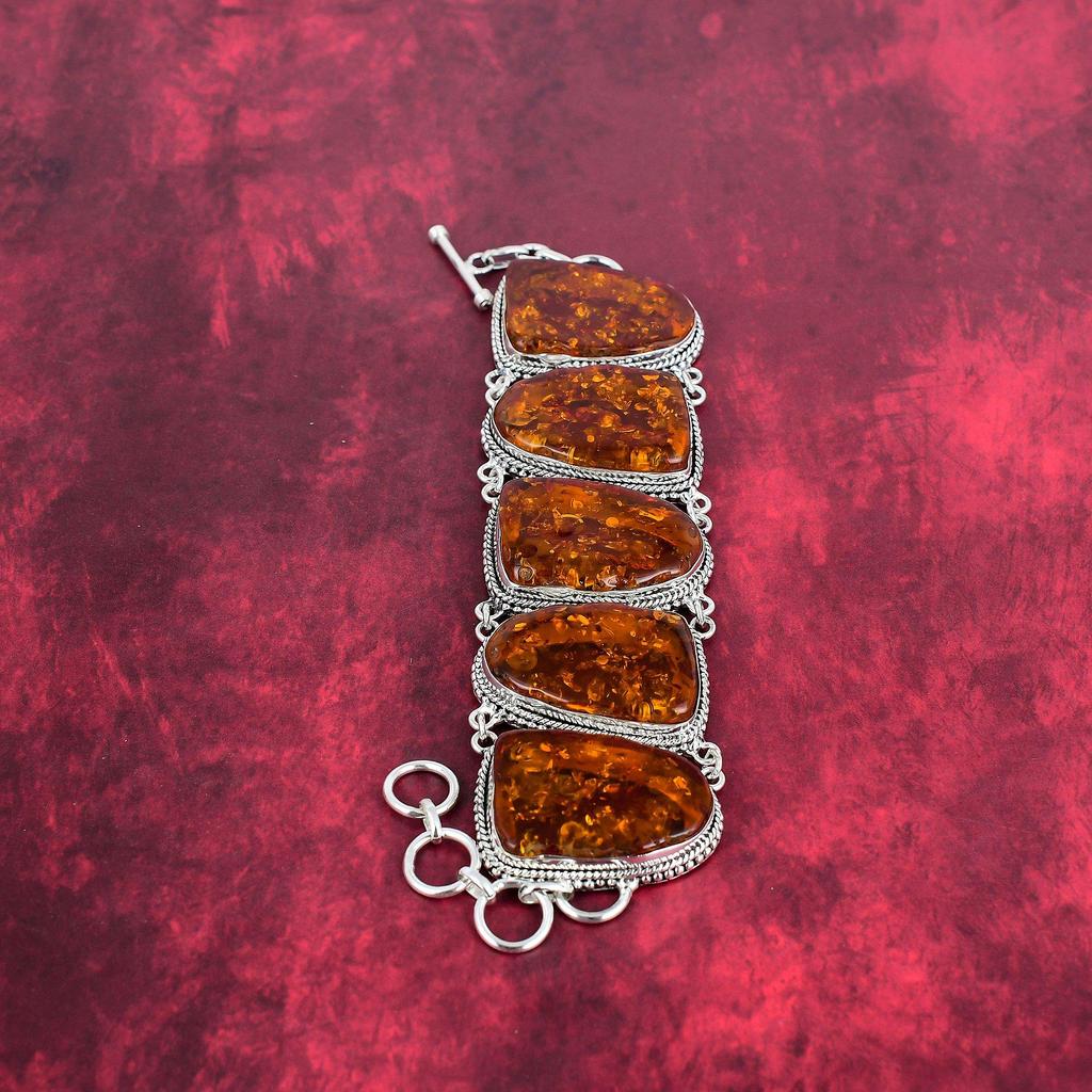Baltic Amber Slice Bracelet, 925 Solid Sterling Silver Gemstone Jewelry, Handmade Bracelet For Mother Day