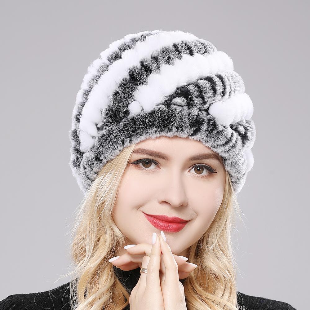 Dam Vinter Varm Äkta Rex Kaninpäls Hatt Snömössa Vinterhattar för Kvinnor Flickor Äkta Päls Stickad Skullies Mössor Naturlig Fluffig Hatt