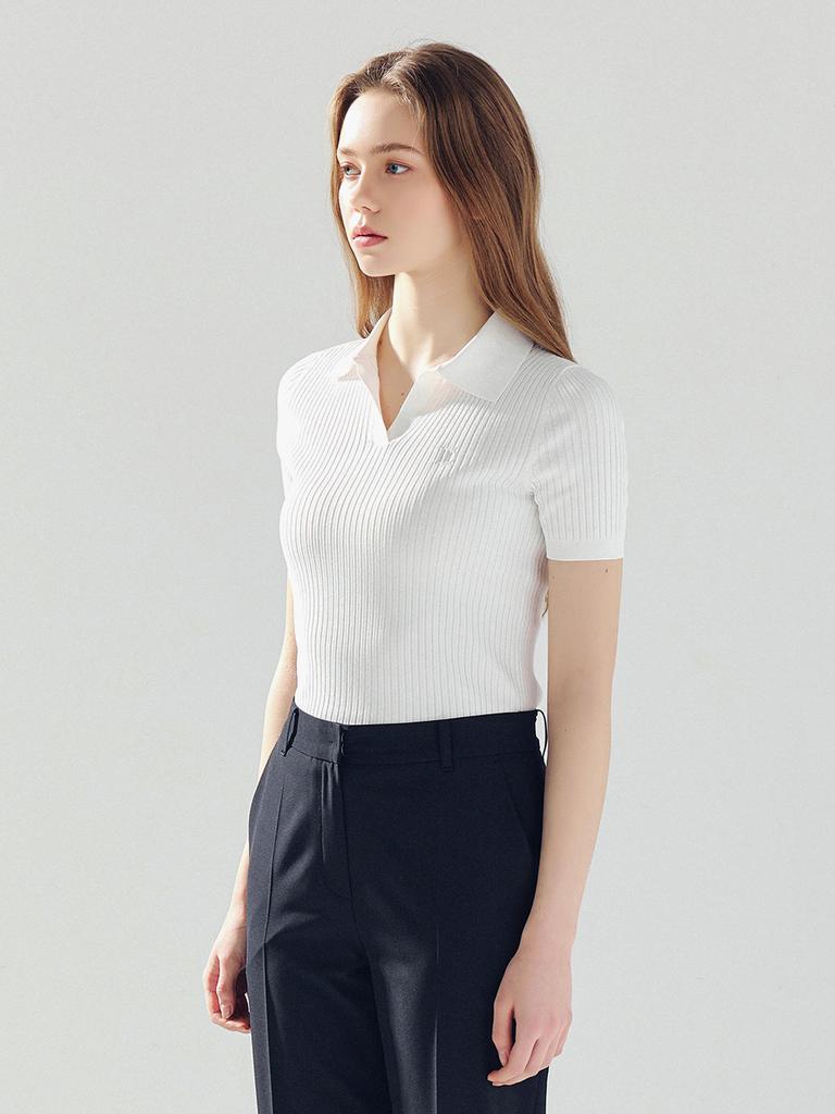 LORDLOAR Slim Ribbed Collar Knit White