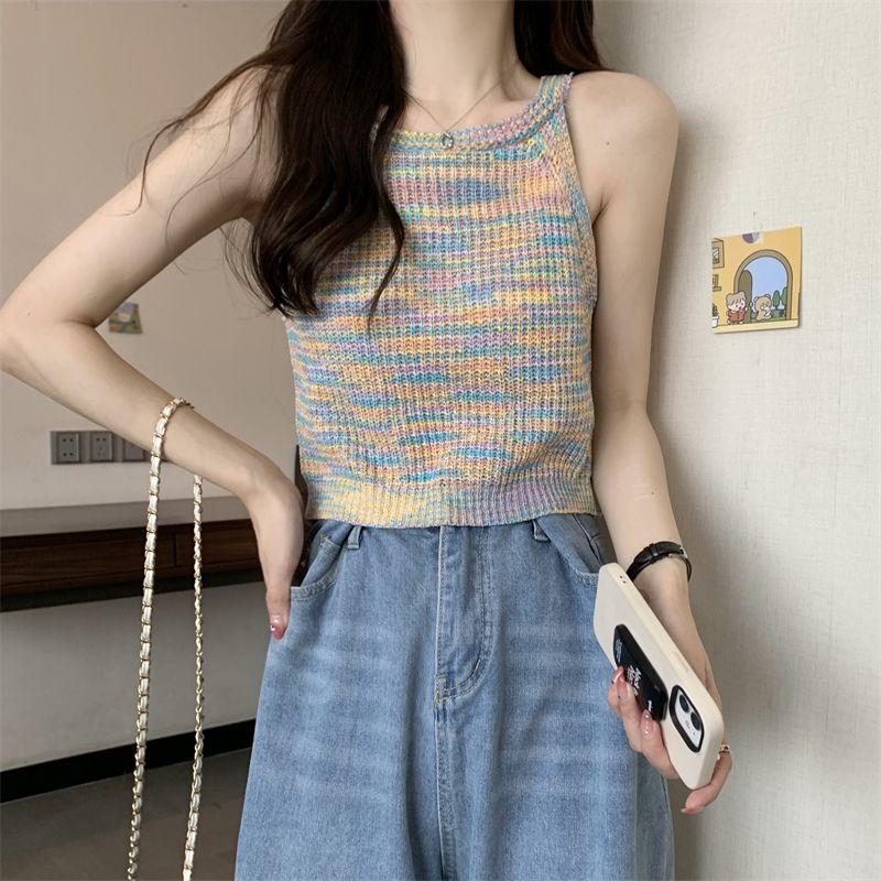 Summer Women's Rainbow Striped Knitted Camisole Sleeveless Short Bottoming Shirt Top Vest for Women