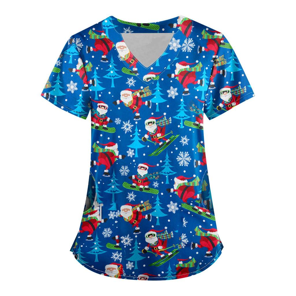 Uniform V-neck short sleeve fashion nursing clothes tops beauty t-shirt wholesale nursing clothes Christmas snowman print