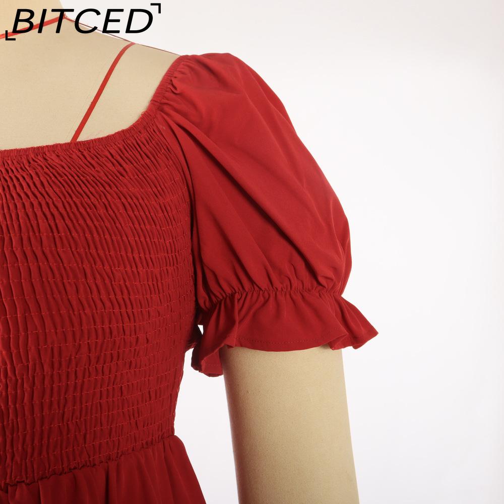 BITCED Plus Size Solid Color Casual Resort Dress Travel Square Neckline Ruffled Puff Sleeve Dress