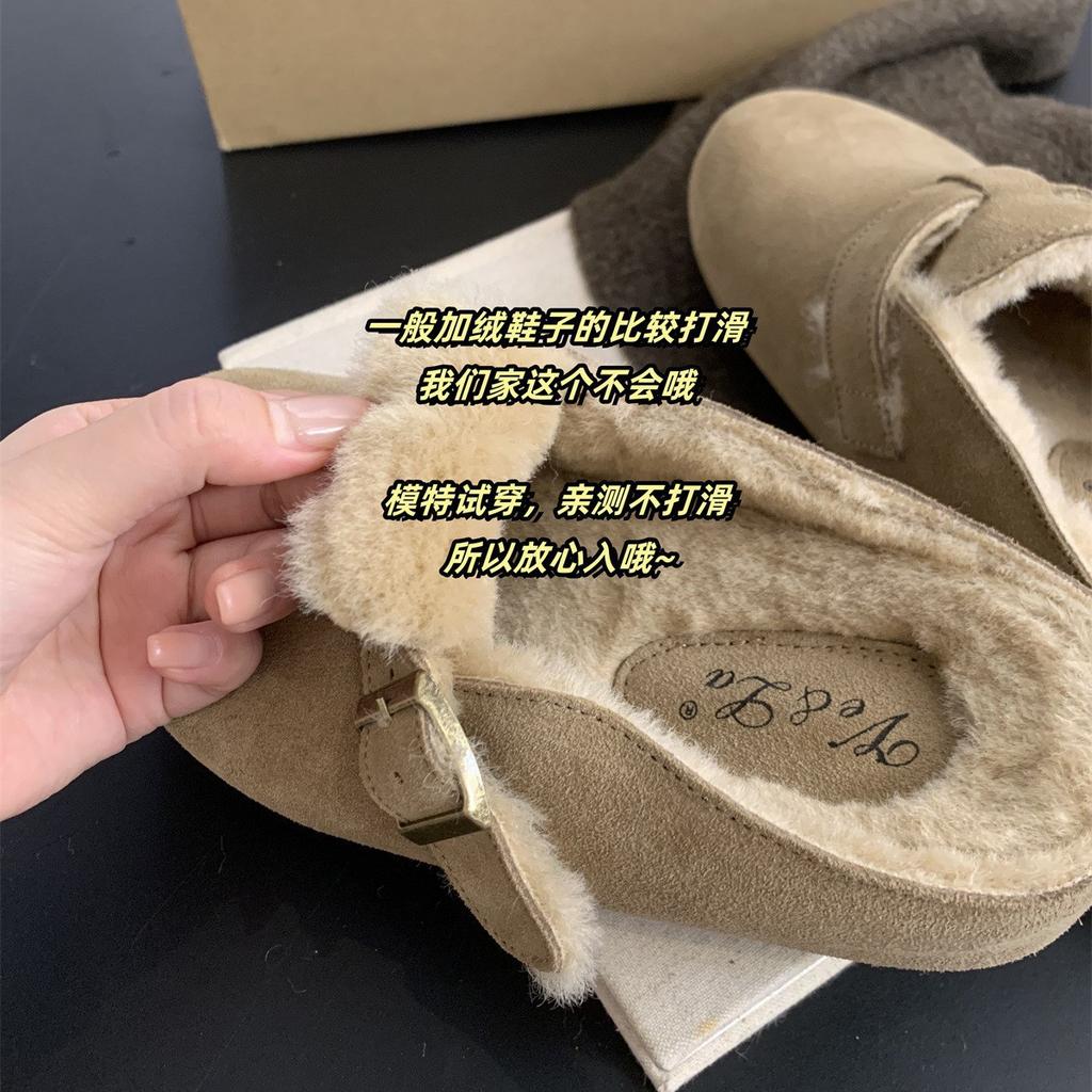 5CM inner height increase for small people~ Casual Boken shoes women's velvet warm cotton shoes autumn and winter new retro thick-soled half drag