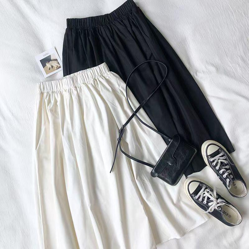 Women's Mid-Length A-Line Skirt: Japanese & Korean Style, Solid Color, Elastic Waist