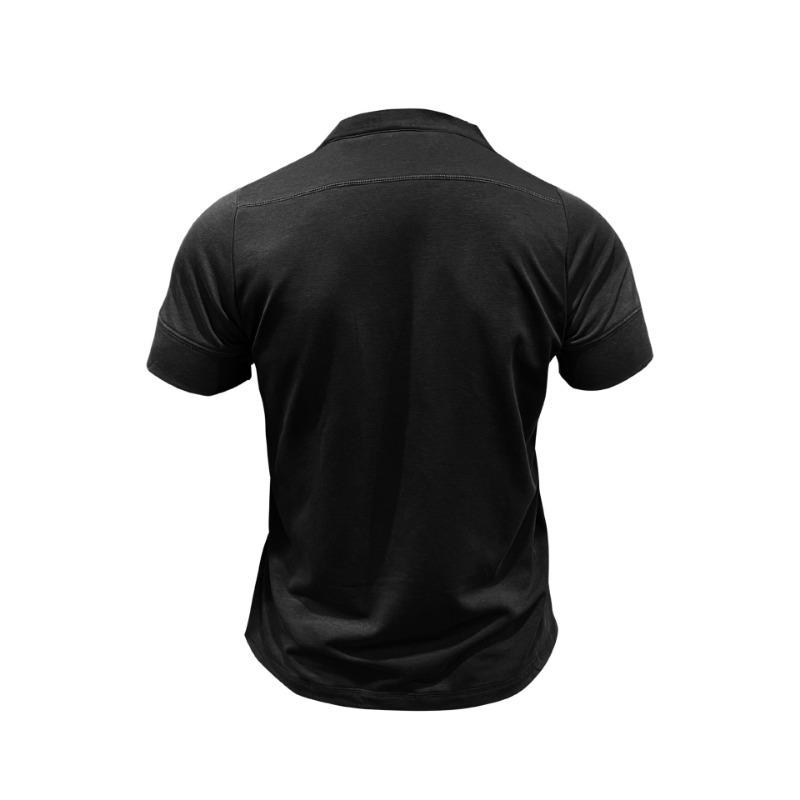 Men Black Stand Collar Henley Neck Short Sleeve T Shirt With Chest Pocket Casual Summer