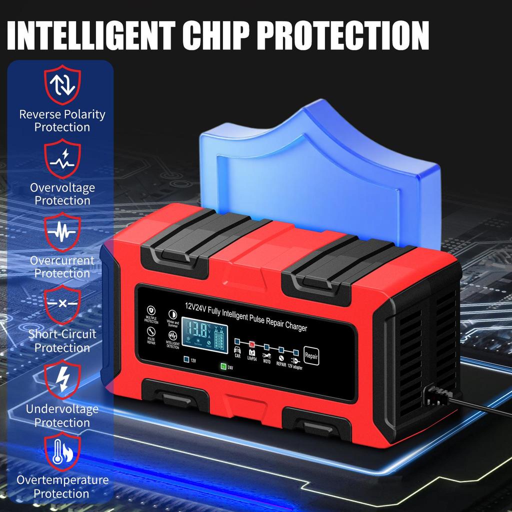 12V/24V 10A Smart Pulse Car & Motorcycle Battery Charger with Large Display