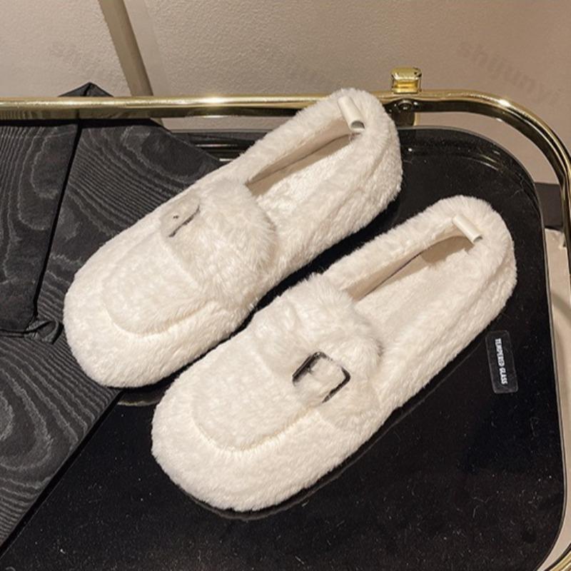 Fashion Women's Retro Plush Casual Shallow Mouth Warm Loafer 2025 Winter New Fashion Versatile Soft Comfortable Cotton Flat Single Shoes