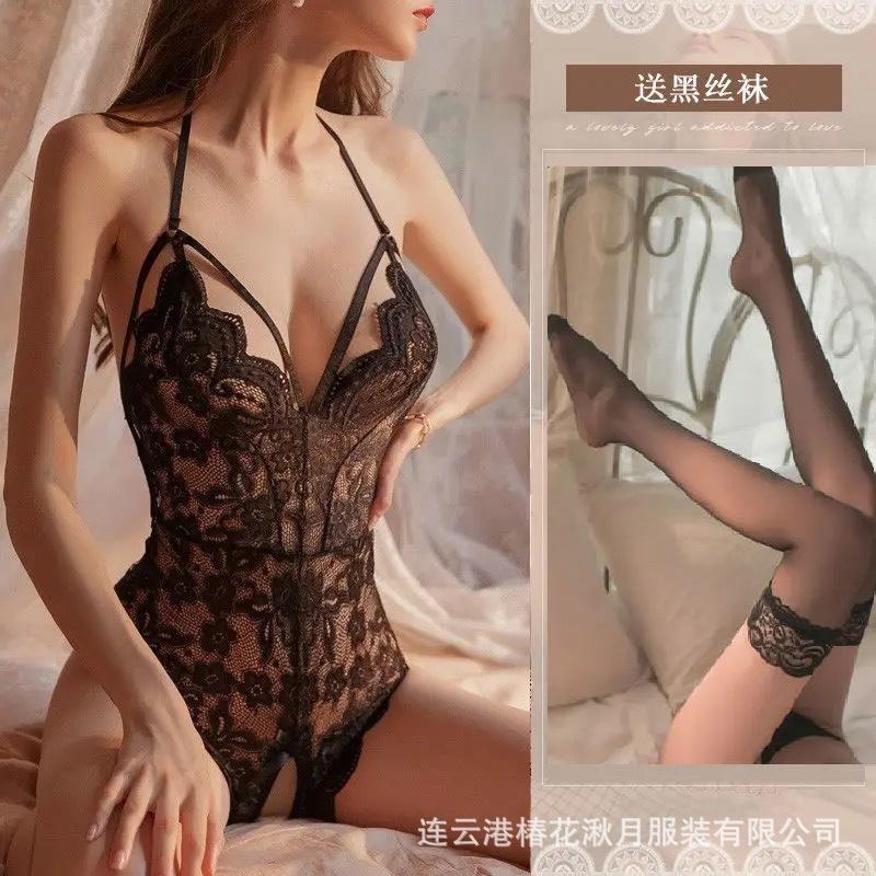 Sexy Female Sexy Backless Perspective Tight Lace Onesie Open Crotch Free of Temptation A99