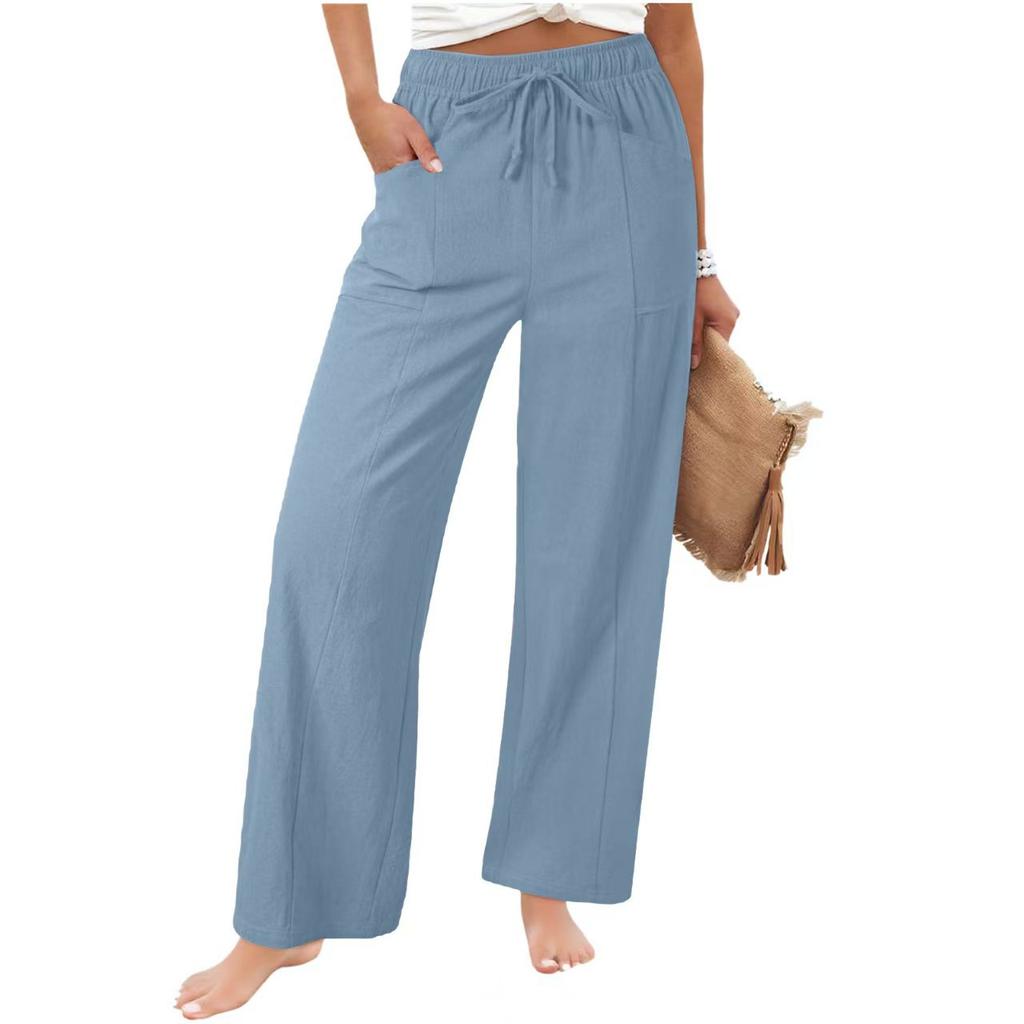 Women's Linen Cotton Drawstring Elastic Waist Wide Leg Pants Casual Loose Straight Leg Trousers with Pockets for Summer