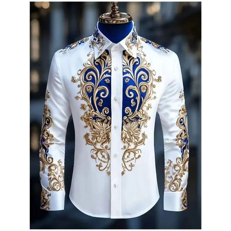 Men's Luxury Long Sleeved Shirt, Baroque Gold Floral 3D Printed Shirt, Casual and Comfortable, Men's Formal Dress Shirt