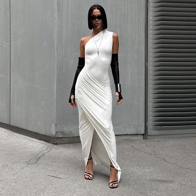 Summer Solid Color Long Dress Casual Sleeveless One-shoulder Dress with Sloping Collar