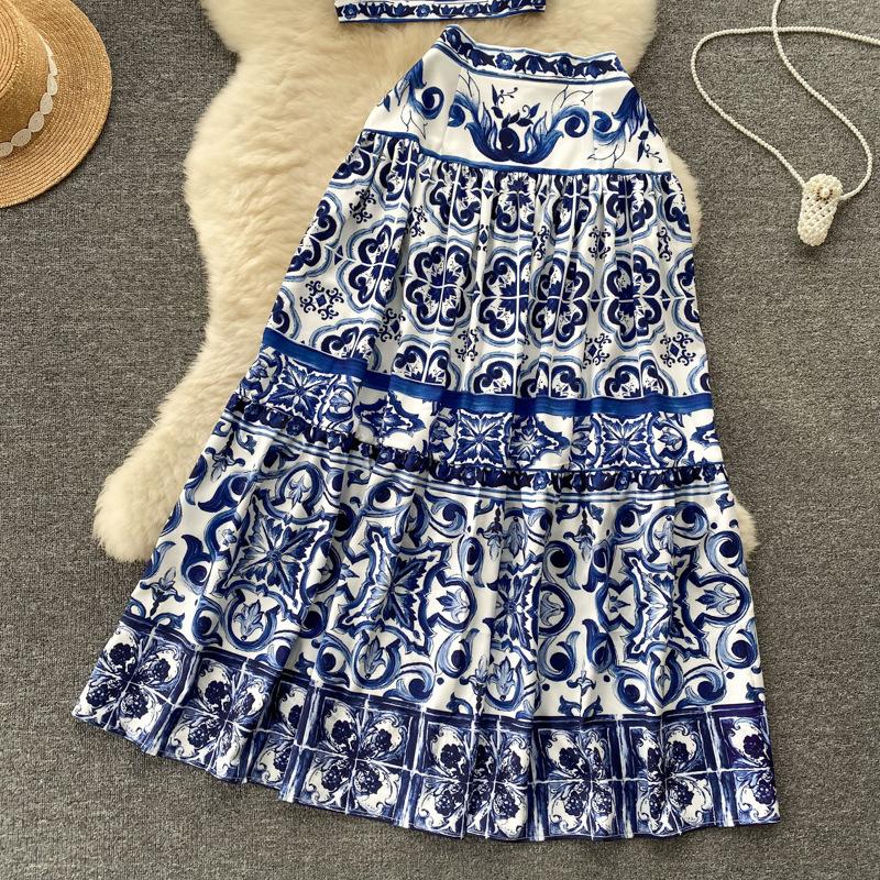 Women's Celadon Printed Set Summer Waistless Camisole Vest High Waist Mid-Length Halter Skirt Suit