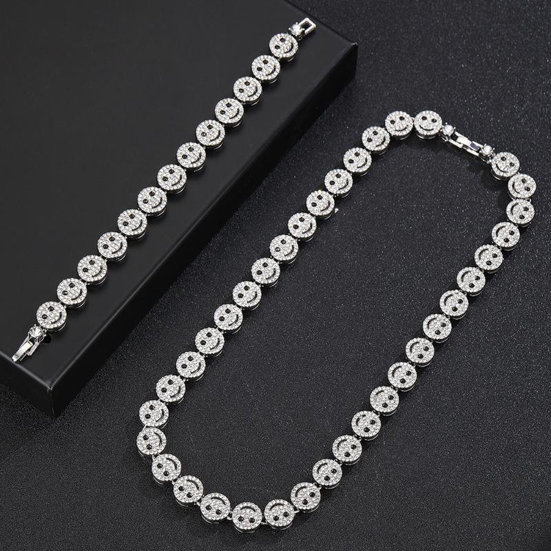 Smiling Face Hip Hop Round Tennis Chain Necklace Iced Out Bling Bracelet Fashion Shiny Zircon Charm Jewelry