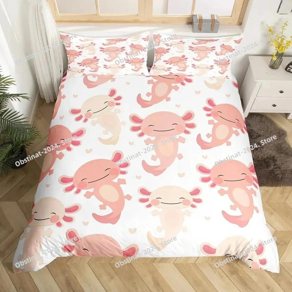 Cartoon Axolotl Duvet Cover Set KingQueen Size Kids Girls Boys Cute Rainbow Sea Wildlife Animal Reptile Polyester Bedding Set